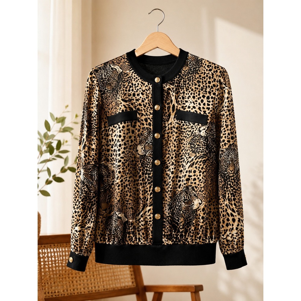 90s Joseph Ribkoff Leopard Safari Print Gold Button Mobwife Top Jacket L XL